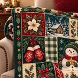 Christmas Snowman Blanket, Flannel Throw with Gingerbread Man and Cardinal Patchwork Print, Red and Green Farmhouse Holiday Decor for a Sofa