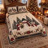Snowman Trio Poinsettia | Quilted Bedding Set