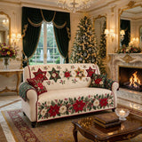 Christmas Poinsettia Quilted Sofa Cover, Winter Cream Red Patchwork Couch Throw, Star Rose Pinecone Holly Berry Elegant Holiday Decor