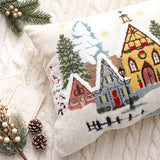 Christmas Pillows - 12 x 20 Inch Christmas Village Pillow Cover, Embroidered Snowy Town with Trees and Golden Snowflakes