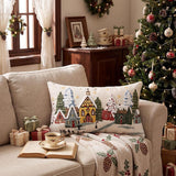 Christmas Pillows - 12 x 20 Inch Christmas Village Pillow Cover, Embroidered Snowy Town with Trees and Golden Snowflakes