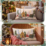 Christmas Pillows - 12 x 20 Inch Christmas Village Pillow Cover, Embroidered Snowy Town with Trees and Golden Snowflakes