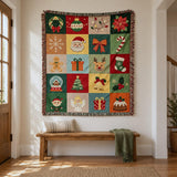 Cosy Christmas Woven Blanket – Colourful Patchwork with Fringe