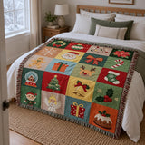 Cosy Christmas Woven Blanket – Colourful Patchwork with Fringe