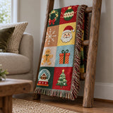 Cosy Christmas Woven Blanket – Colourful Patchwork with Fringe