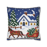 Cozy Christmas Pillow Cover, Faux Needlepoint Winter Cabin Cushion Case, Traditional Holiday Throw Pillowcase, Sleigh Horse Country Decor