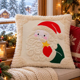 Santa Christmas Pillow Cover, 3D Embroidered Plush Holiday Cushion
