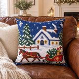 Cozy Christmas Pillow Cover, Faux Needlepoint Winter Cabin Cushion Case, Traditional Holiday Throw Pillowcase, Sleigh Horse Country Decor